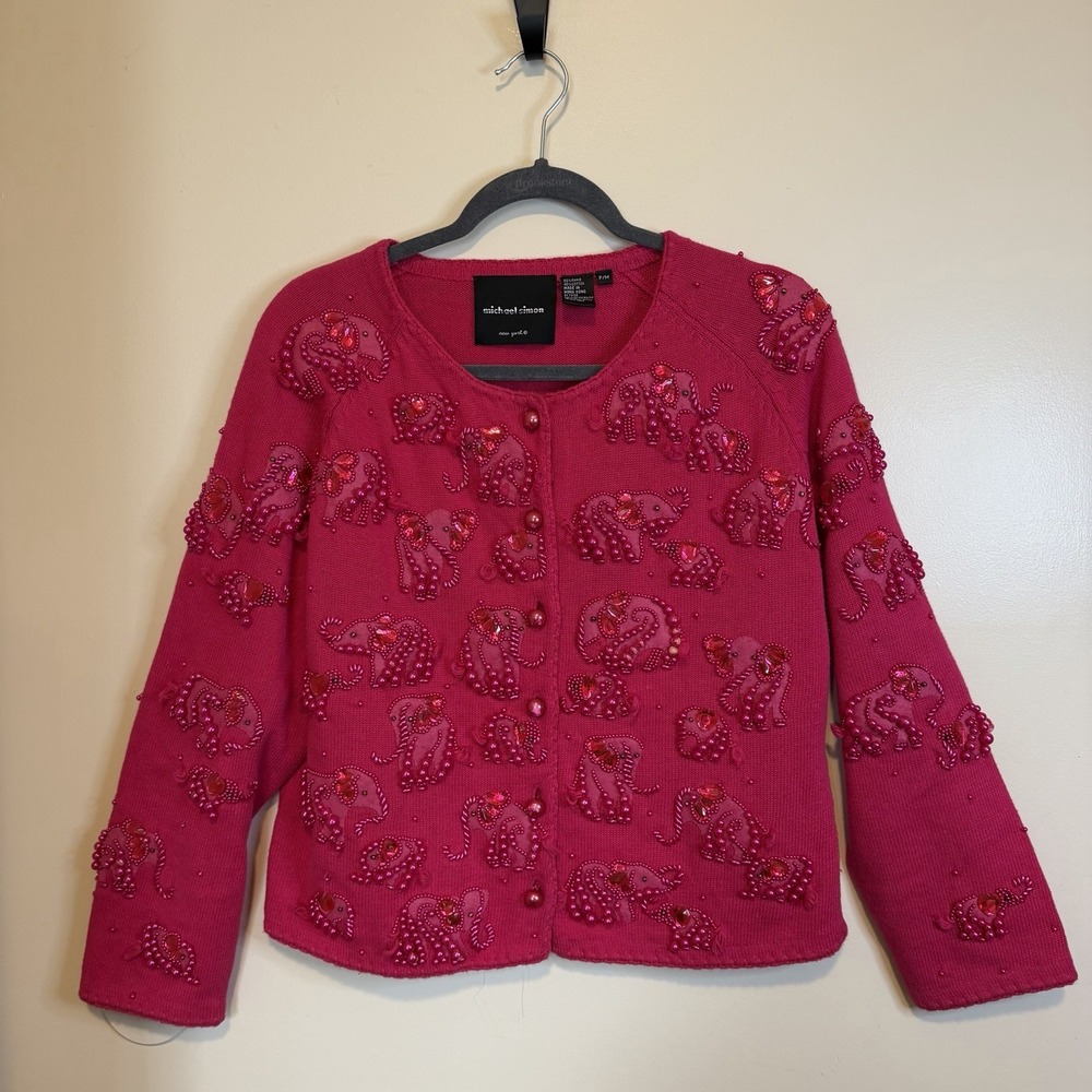 VTG Michael Simon Elephant Cardigan Sweater Beaded Embroidered Women's MP Artsy